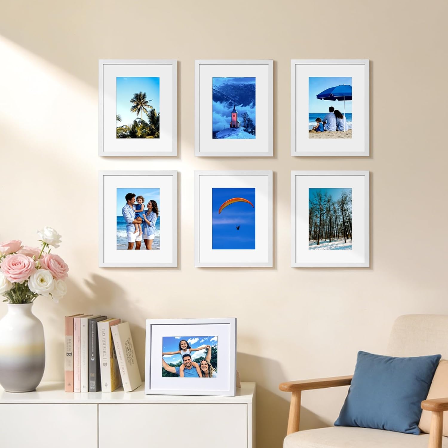 HappyHapi 8x10 Picture Frame Set of 6, Wall or Tabletop Display, White