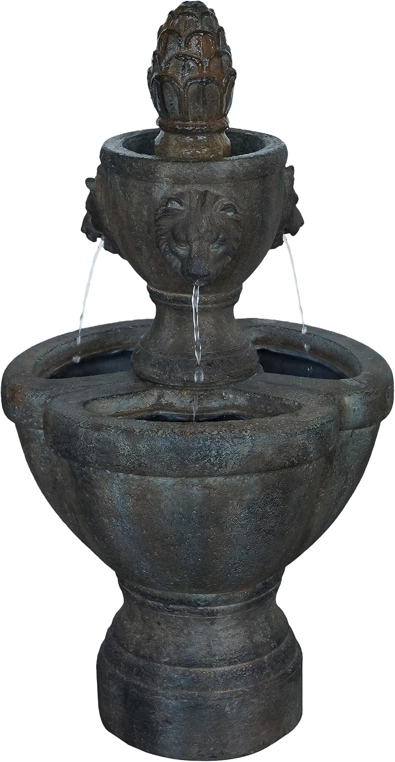 Outdoor Fountain – Polyresin 2-Tier Water Feature with Lion Head Details and Realistic Stone Appearance – Yard Art with Soothing Sound by Pure