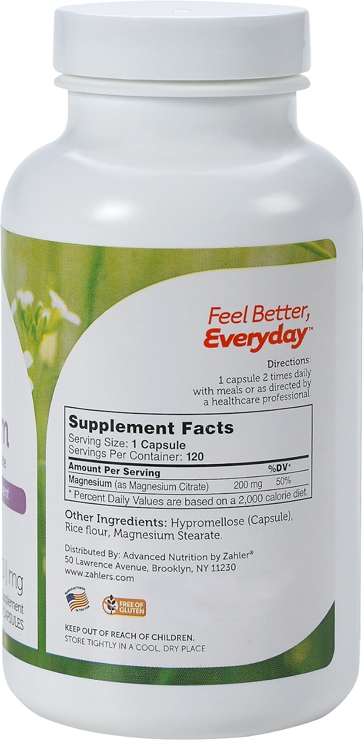 Zahler - Magnesium Supplement Capsules 200 mg (120 Count) Certified Kosher Bioactive Magnesium Citrate for Max Absorption - Natural Magnesium Mineral for Men & Women - Best Magnesium Supplements