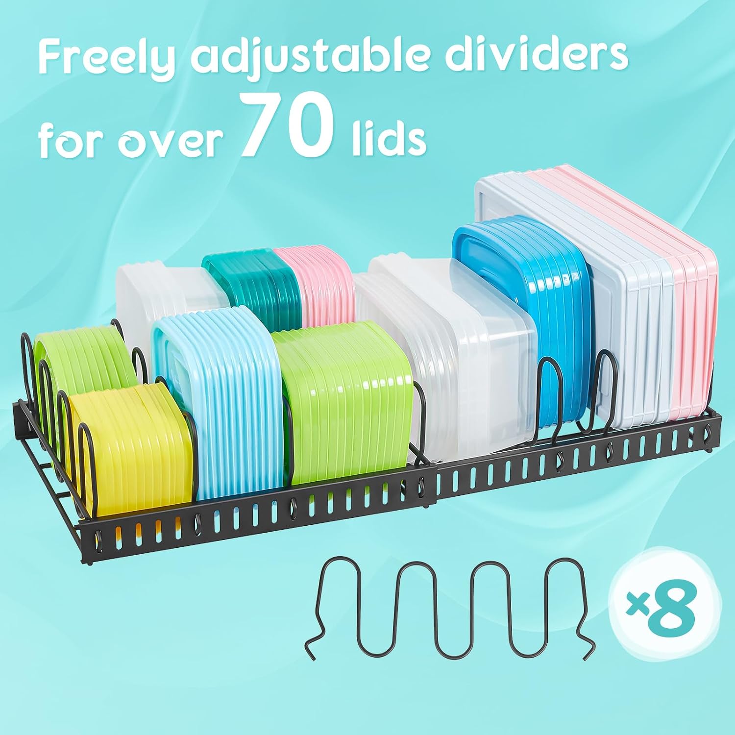 X-cosrack Expandable Food Container Lid Organizer, Large Capacity Adjustable 10 Dividers Detachable Lid Organizer Rack for Cabinets, Cupboards