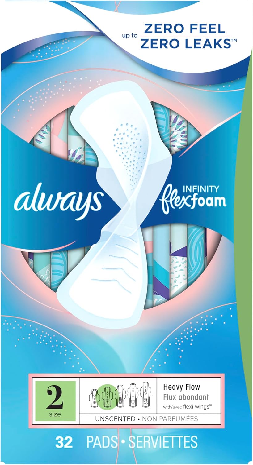 Always Infinity Feminine Pads for Women, Size 2 Heavy Flow Absorbency,with Flexfoam, with Wings, Unscented, 32 Count