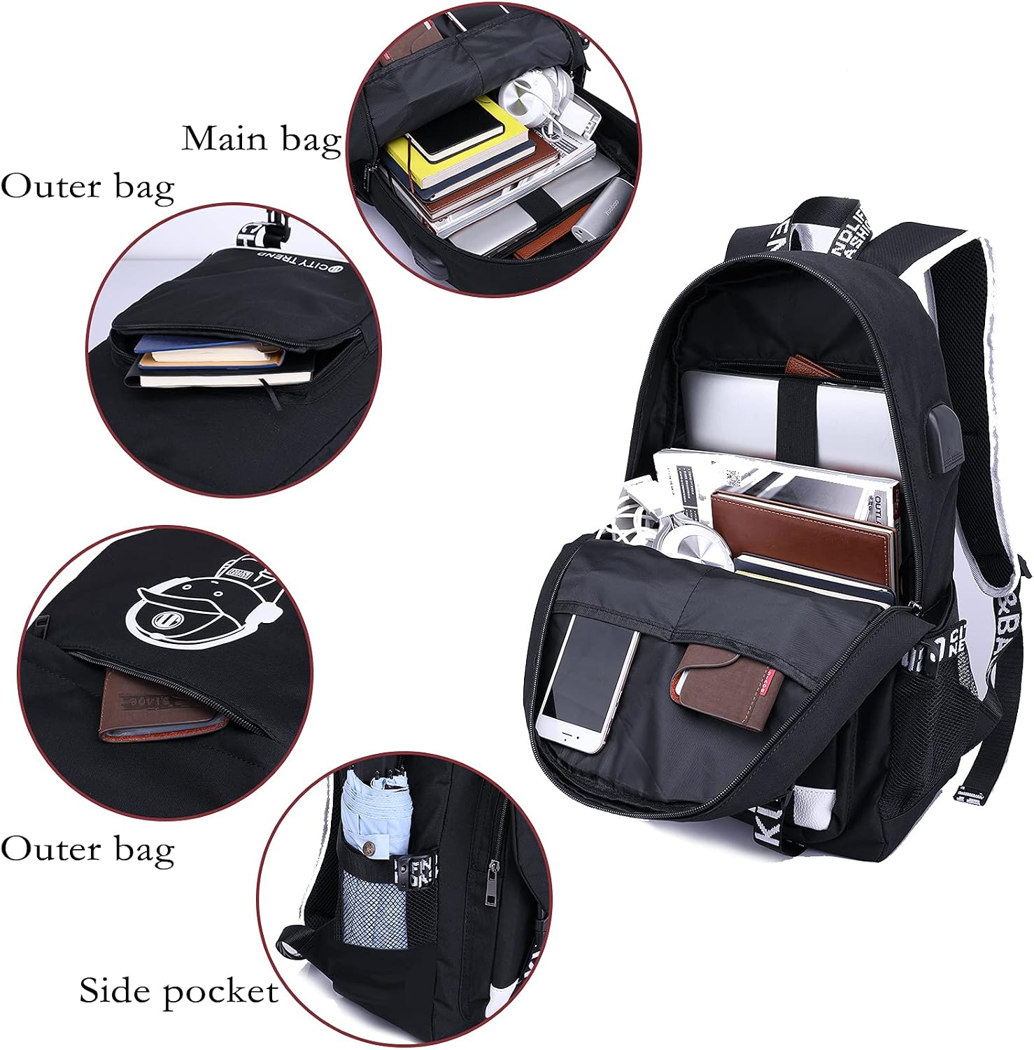 Asge Large Nylon Backpacks for Boys & Girls, Waterproof Satchel with Print, School Bags for 8-16 Years