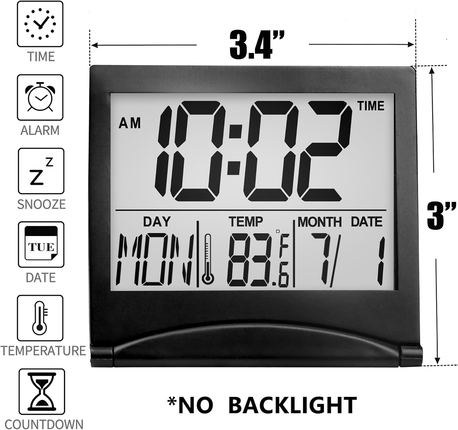 Betus Digital Travel Alarm Clock - Foldable Calendar Temperature Timer LCD Clock with Snooze Mode - Large Number Display, Battery Operated - Compact Desk Clock(Silver, No Backlight)