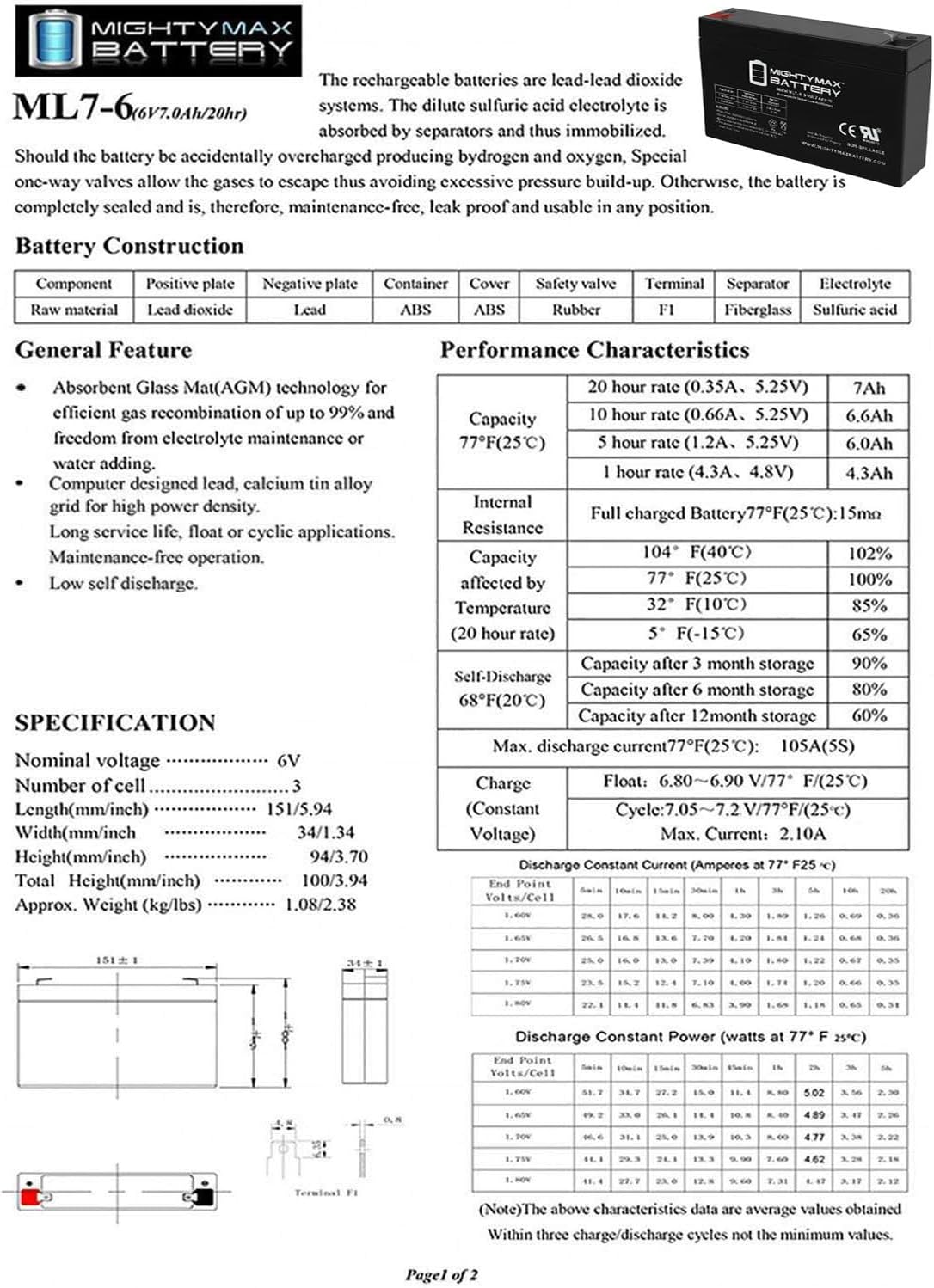 Mighty Max Battery ML7-6 - 6 Volt 7 AH, F1 Terminal, Rechargeable SLA AGM Battery, Mighy Max Product