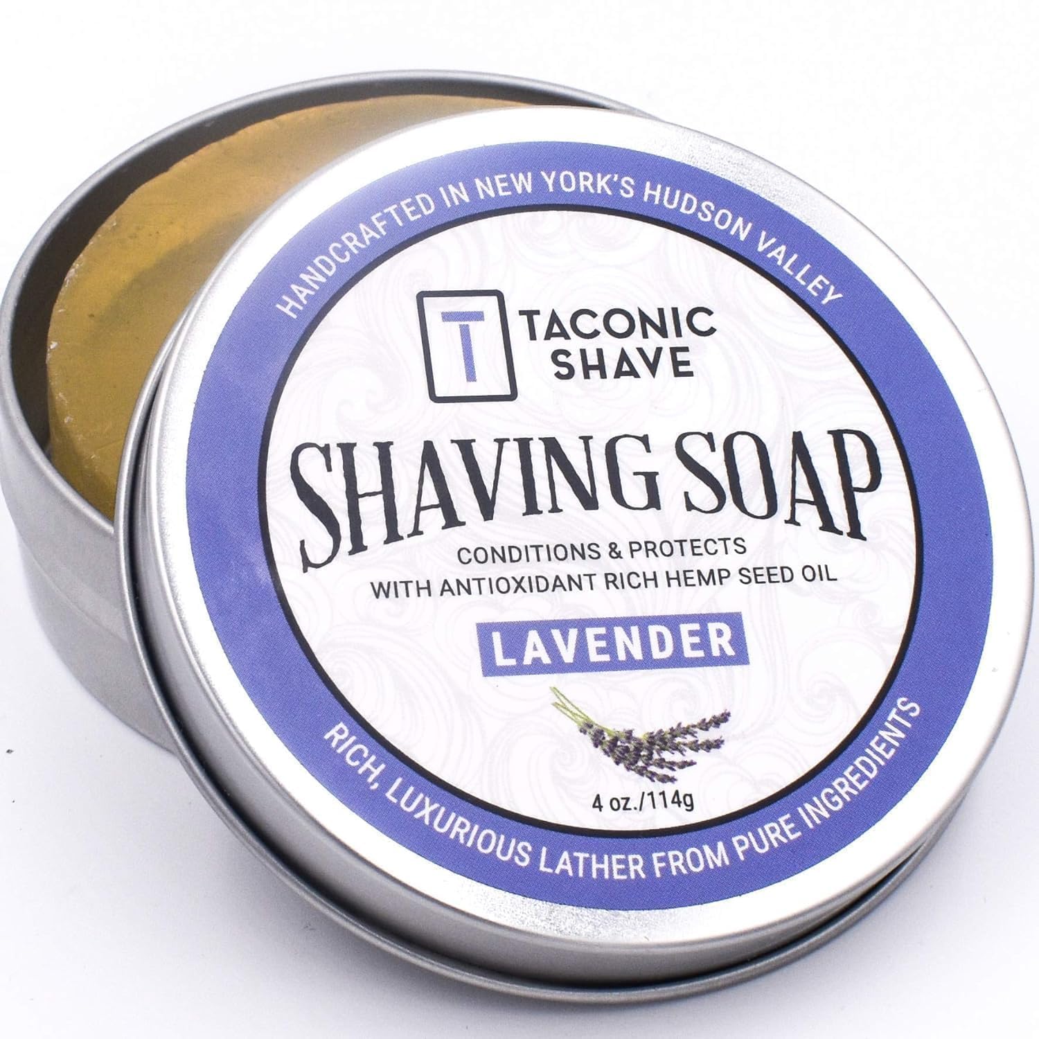 Taconic Lavender Natural Shaving Soap Puck, Rich Lather | Calming lavender aroma pairs with moisturizing natural oils to build rich protective lather for a comfortable wet shave.