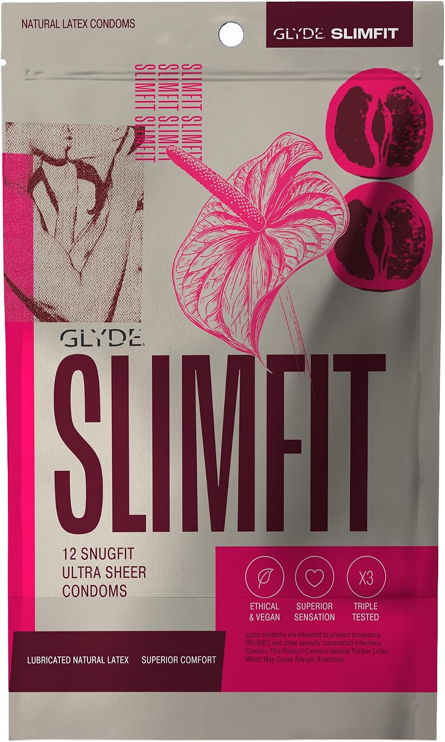 GLYDE Slimfit Snug Fit Condoms - Ultra-Thin Small Size - 12 Count, 49mm | Fragrance-Free, Lightly Lubricated, Body-Friendly, Vegan Formula Condoms, Strong and Secure Fit for Comfort and Natural Feel