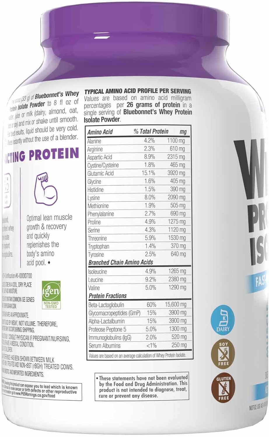 Bluebonnet Nutrition Whey Protein Isolate Powder, Whey from Grass Fed Cows, 26 Grams of Protein, No Sugar Added, Gluten Free, Soy Free, Kosher Dairy, 2.2 lbs, 32 Servings, Original Unflavored | Kosher