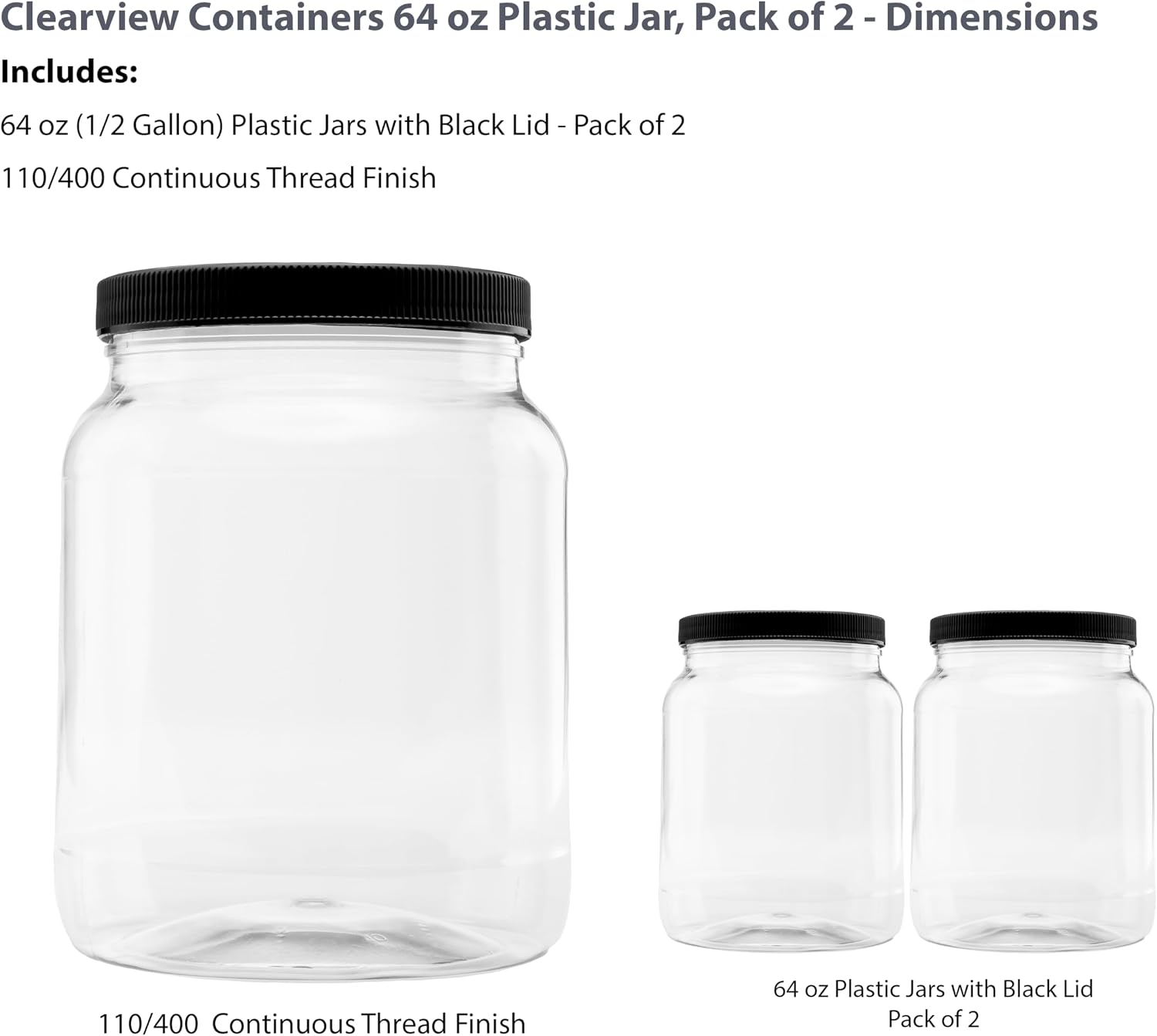 1 Pack - 128 oz (1 Gallon) Plastic Storage Jars with 110-400 Leak Proof Black Lids, Food Grade, BPA Free, Hand Wash Only (128oz, BLK, 1PK)