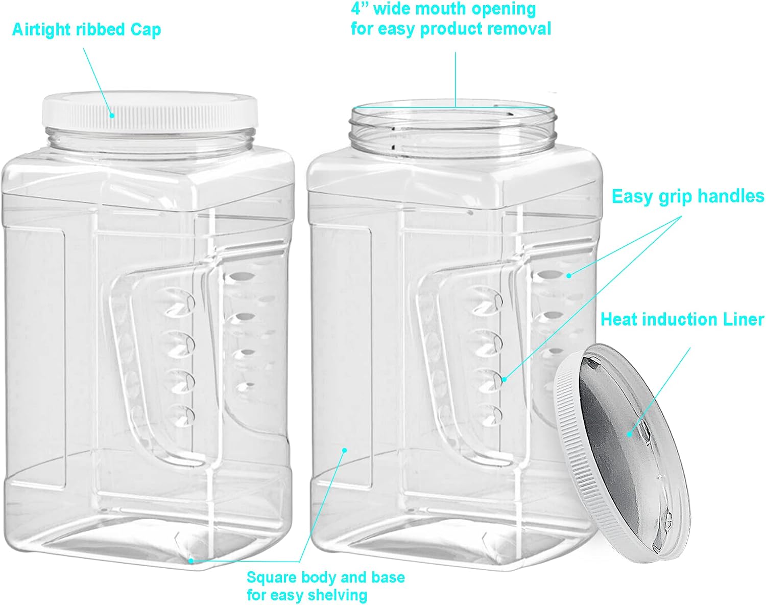 ljdeals 1 Gallon Clear Plastic Storage Containers Grip Jars, Wide Mouth Square Canisters, Pack of 2, BPA Free, Food Safe, Made in USA