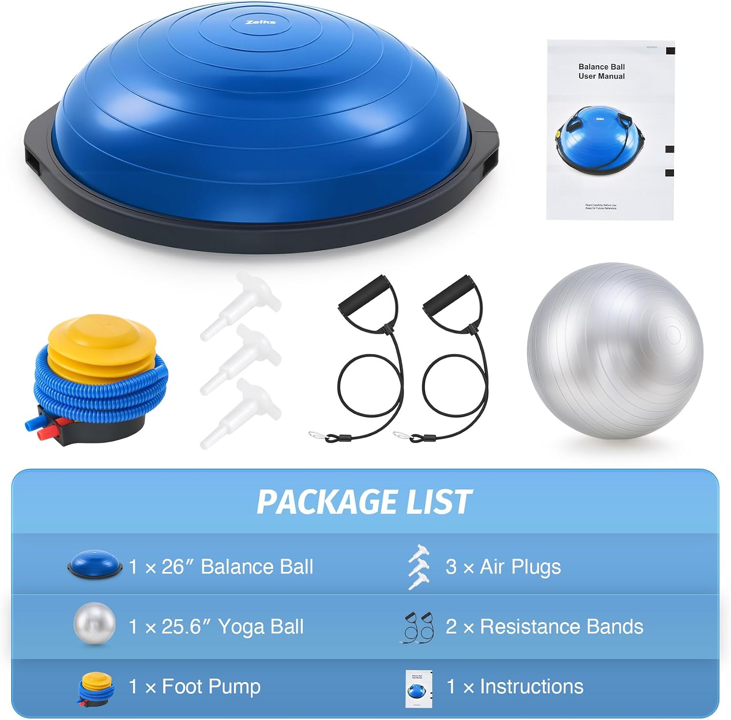 ZELUS 25in. Balance Ball | 660lb Inflatable Half Exercise Ball Wobble Board Balance Trainer w Nonslip Base | Half Yoga Ball Strength Training