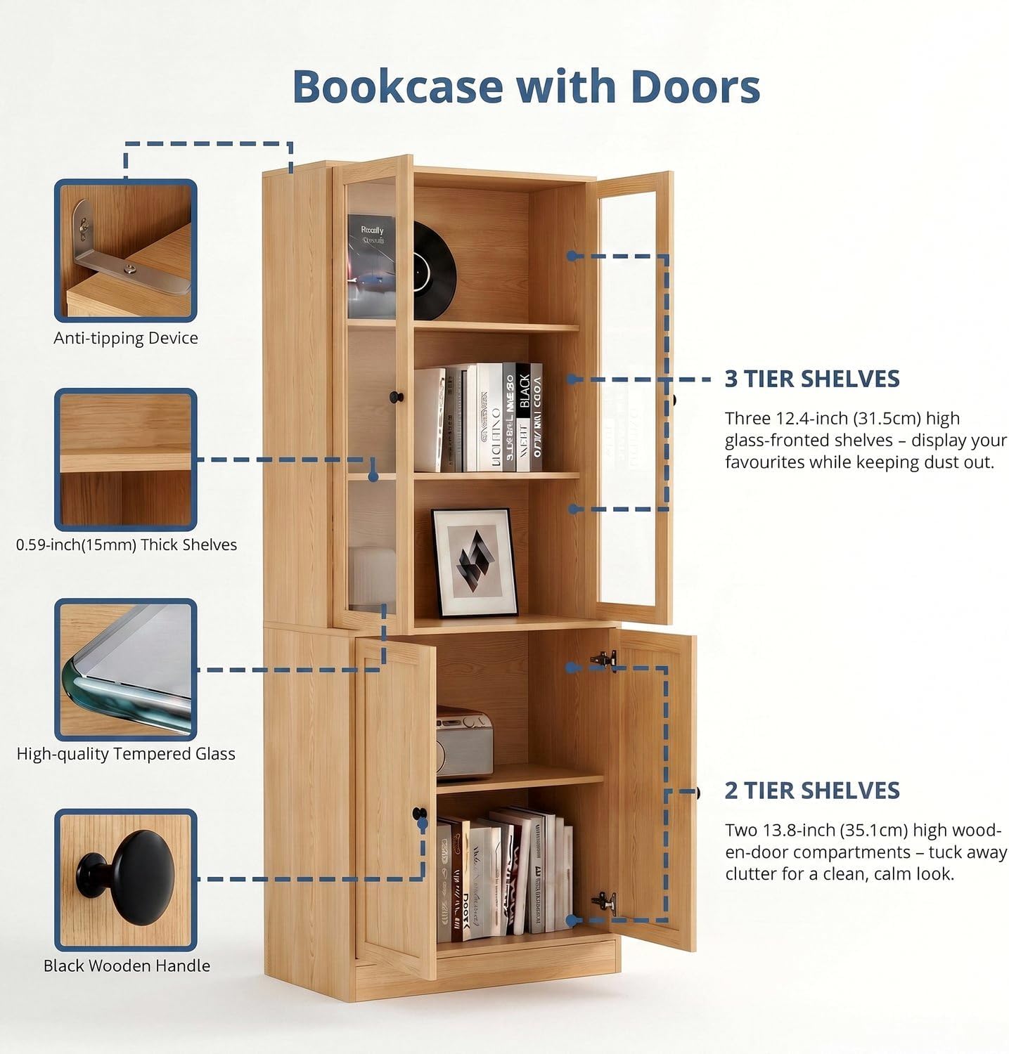 TUSY 71" H Bookcase with Storage | 6-Tier Modern Bookshelf with Drawers, Display Bookcase with Glass Doors, White Curio Cabinet for Home Office, Living Room