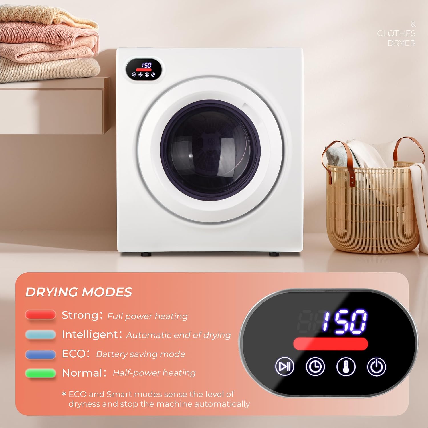 Euhomy Compact Laundry Dryer, 3.5 cu ft Front Load Stainless Steel Clothes Dryers With Exhaust Pipe, 1500W