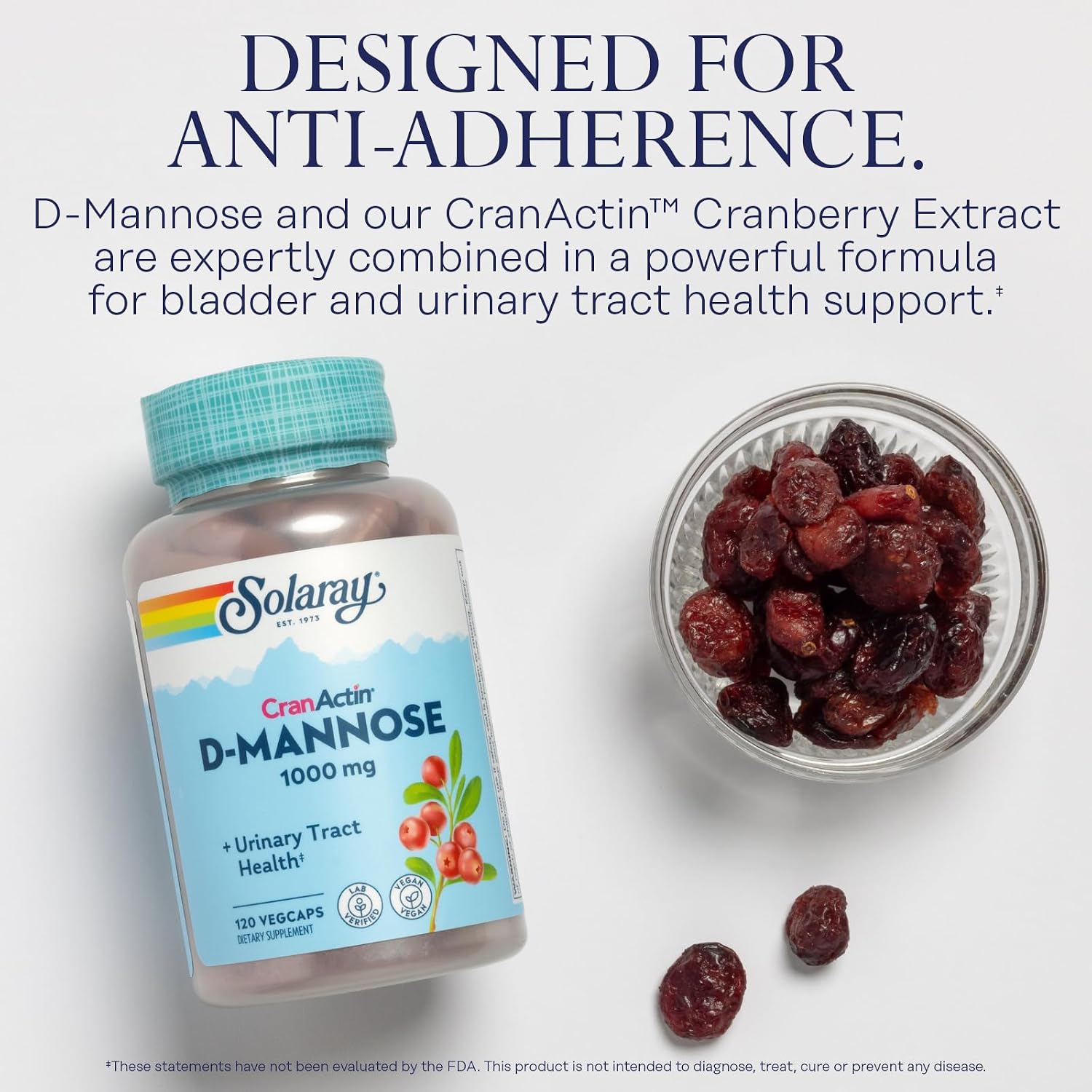 SOLARAY D-Mannose with CranActin Cranberry 400 mg, 60 VegCaps | Urinary Tract & Bladder Support - D-Mannose, CranActin Cranberry & Vitamin C - 30 Servings - Vegan, Lab Verified