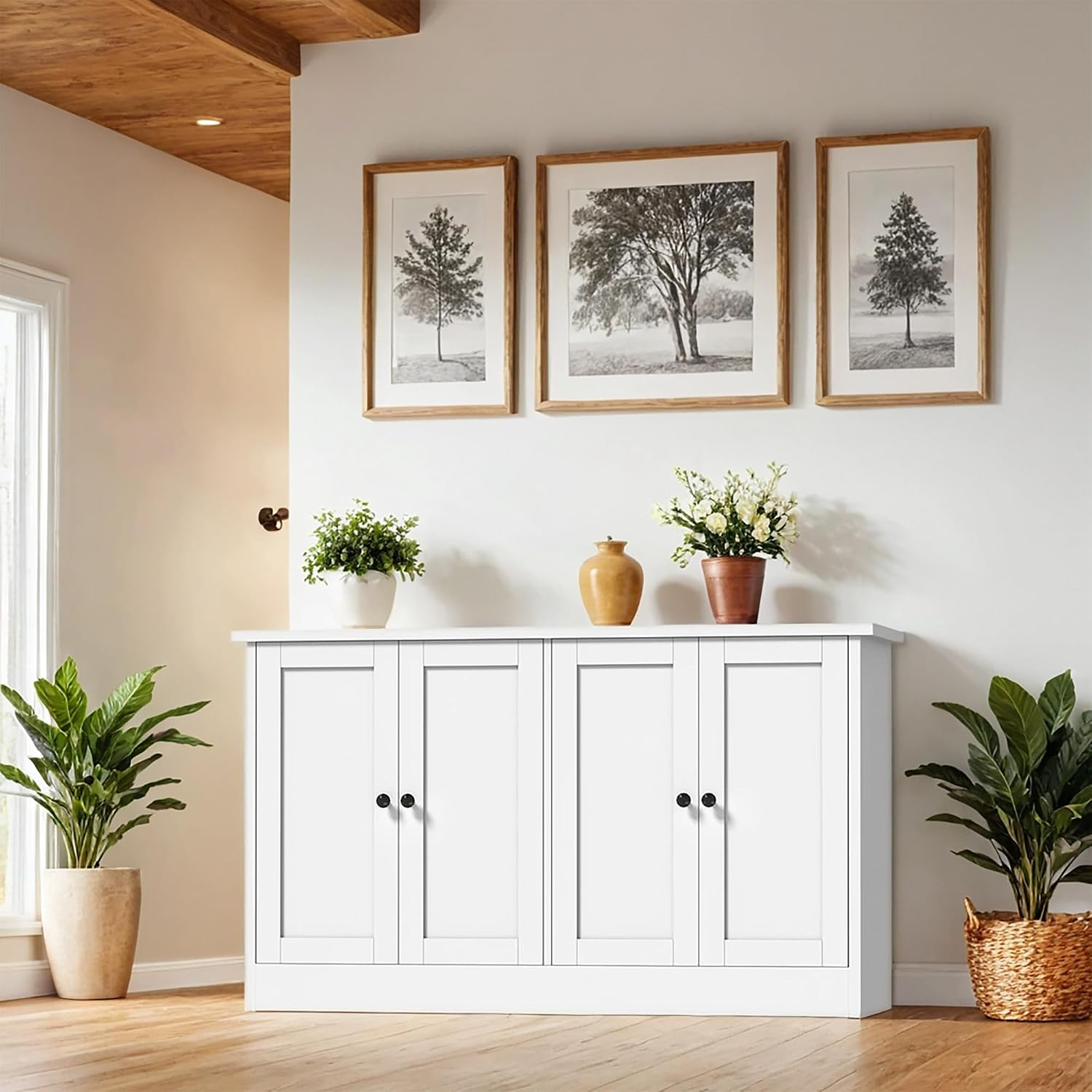 holzart White Buffet Cabinet with Storage, 49" Modern Kitchen Sideboard with 4 Doors & Adjustable Shelves, Wood Coffee Bar Cabinet Console Table for Dining Room, Living Room, Entryway