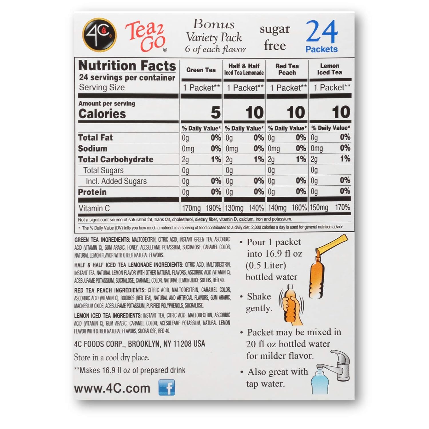 4C Powder Drink Mix Packets, Iced Tea Variety 1 Pack, 24 Count, Singles Stix On the Go, Refreshing Sugar Free Water Flavorings