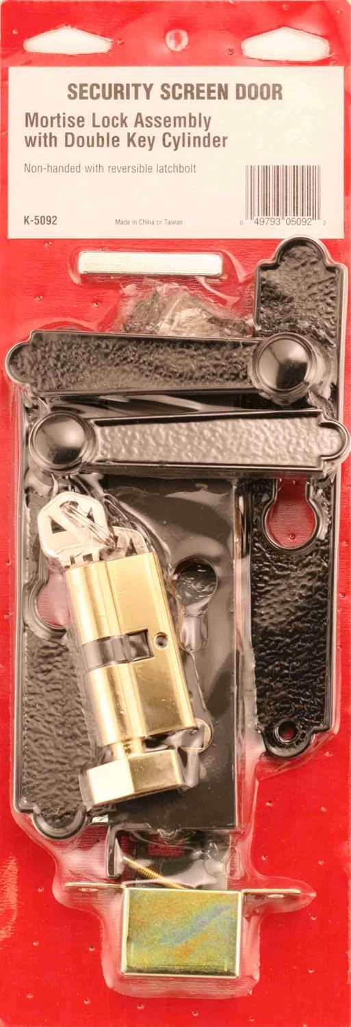 Prime-Line K 5092 Steel and Diecast Security Door Keyed-Locking Mortise Handle Set for Security Screen Doors, 6-3/4 Inch Mounting Hole Centers, Black, Set of 1