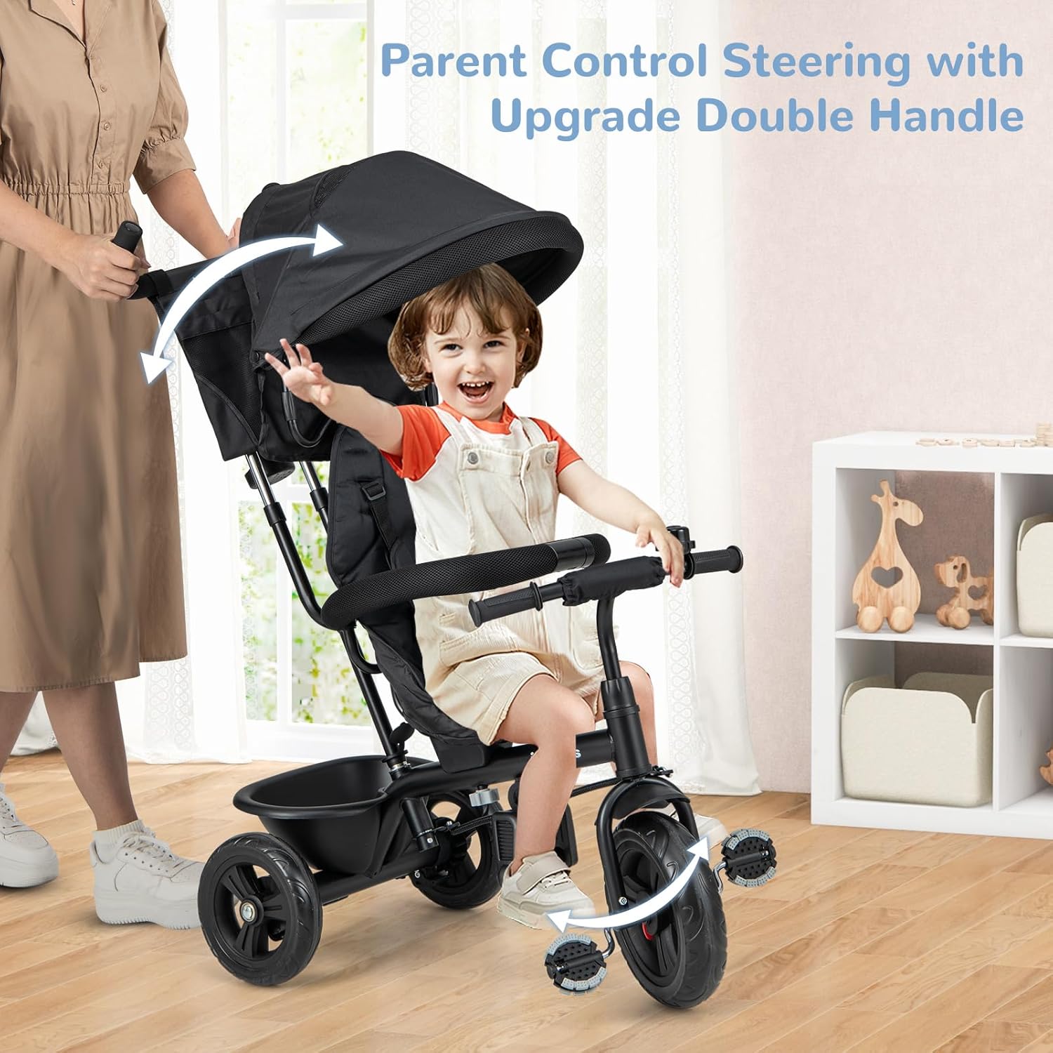 INFANS Kids Tricycle, 6 in 1 Stroll Trike with Adjustable Push Handle, Removable Canopy, Retractable Foot Plate, Lockable Pedal, Detachable Guardrail, Suitable for 10 Months to 5 Years (Blue)
