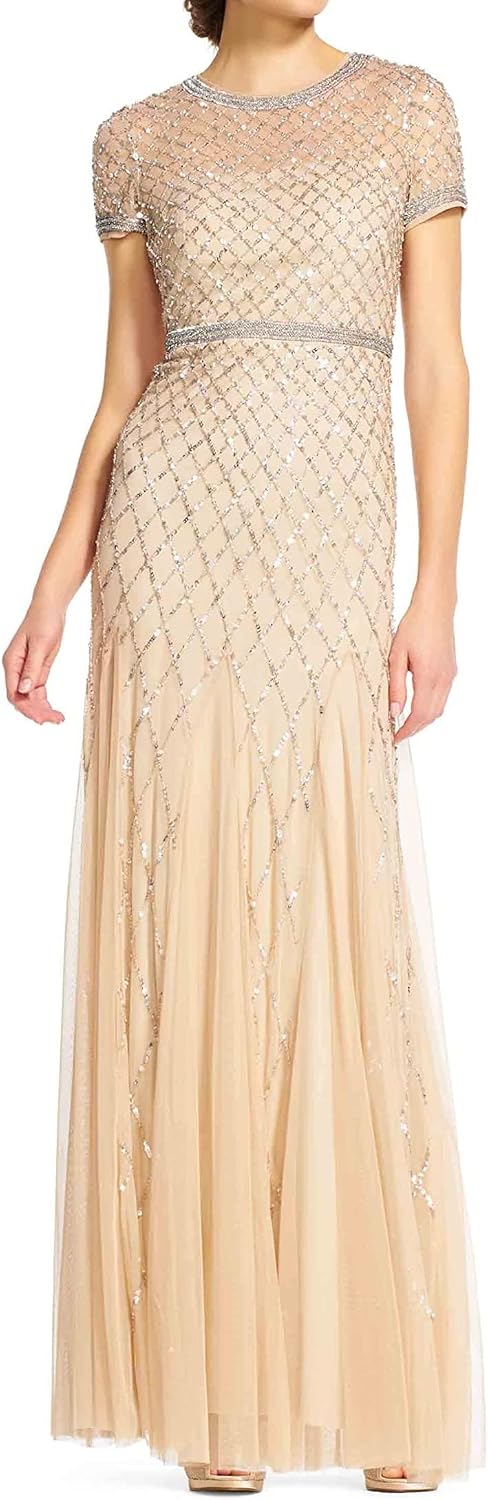 Adrianna Papell Womens Short-Sleeve Grid Beaded Gown