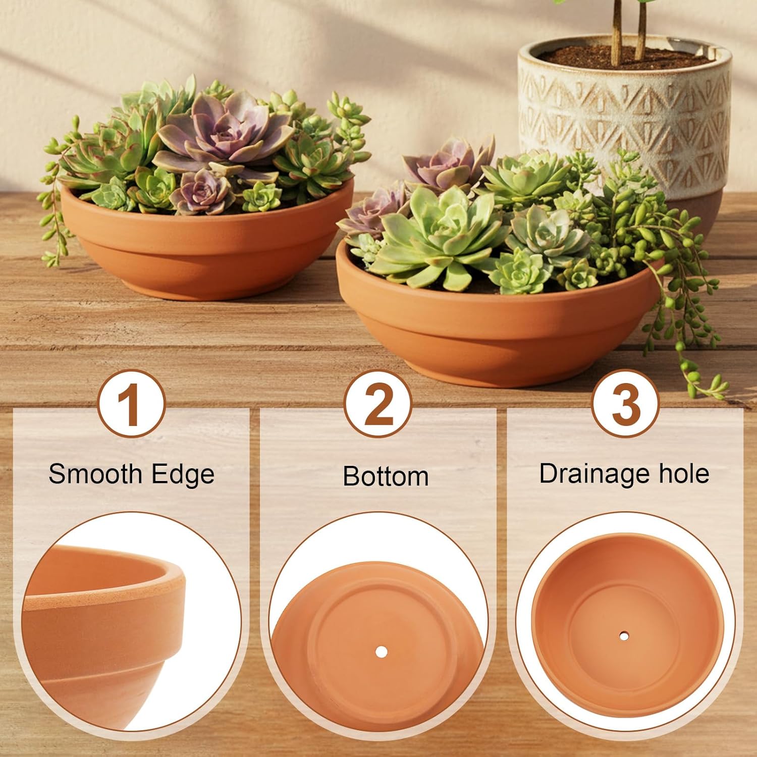 Laerjin Terracotta Pots, 6.43 Inch Shallow Pots with Drainage Hole, 6 Pack