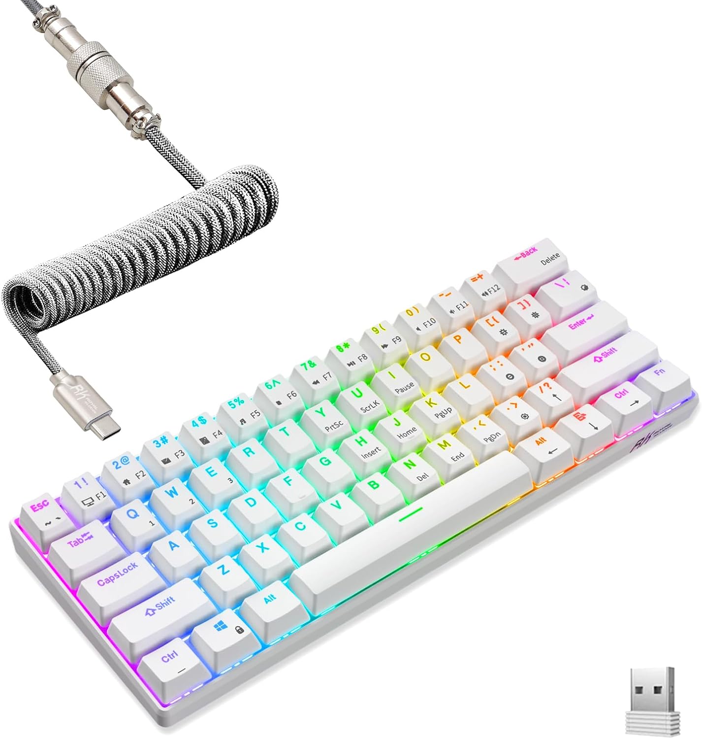 RK ROYAL KLUDGE RK61 Wireless Mechanical Keyboard, 60% Percent RGB, White | Hot Swappable Gaming Keyboard with Bluetooth/2.4G/USB, 61 Keys Ultra-Compact for Win/Mac/PC, Coiled Cable, Linear Red Switch