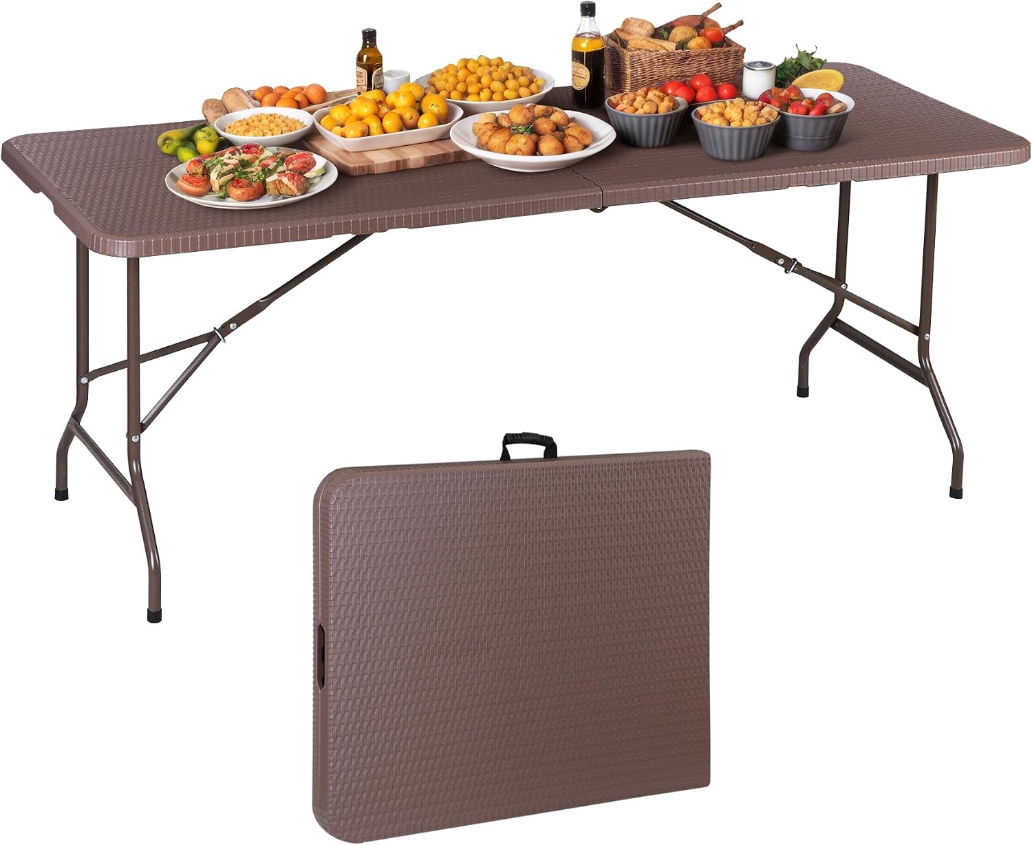ZenStyle 6 ft Indoor Outdoor Heavy Duty Plastic Folding Table Portable Picnic Table Fold-in-Half Utility Table w/Handle and Steel Legs for Camping