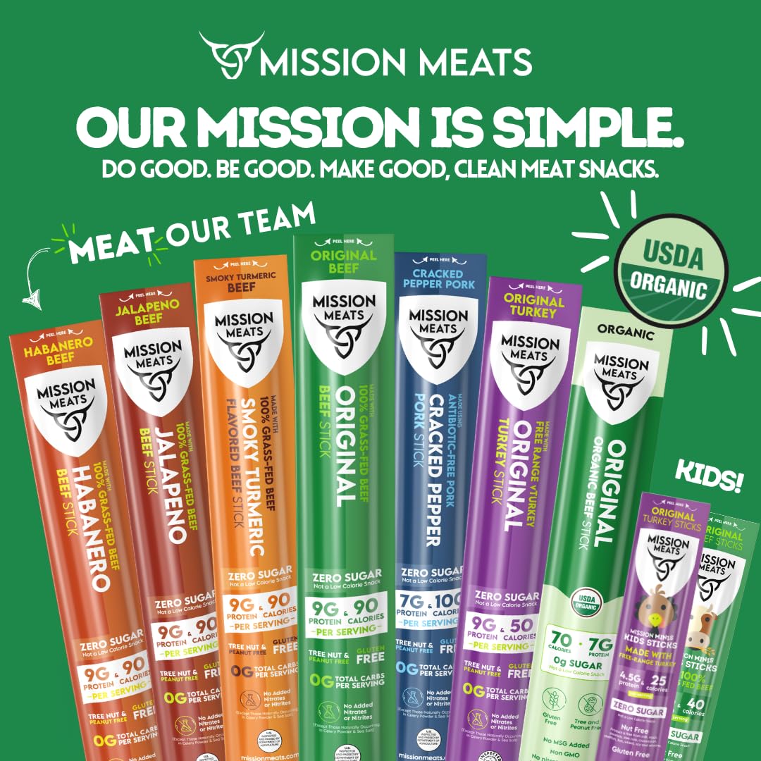 Mission Meats Kids Beef Sticks, Zero Sugar, Healthy Mini Snacks 0.5oz, 24ct | Healthy Back-to-School Snack, Great for Lunches & Sports, Top 9 Allergen Free, Individually Wrapped, Kid-Loved & Not Spicy