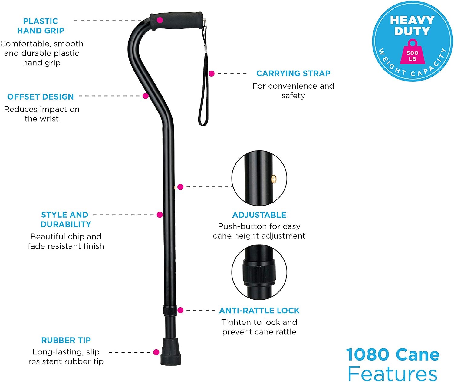 NOVA Heavy Duty Walking Cane with Offset Handle, 500 lb. Weight Capacity, Bariatric & Lightweight Adjustable Walking Stick with Carrying Strap, Black