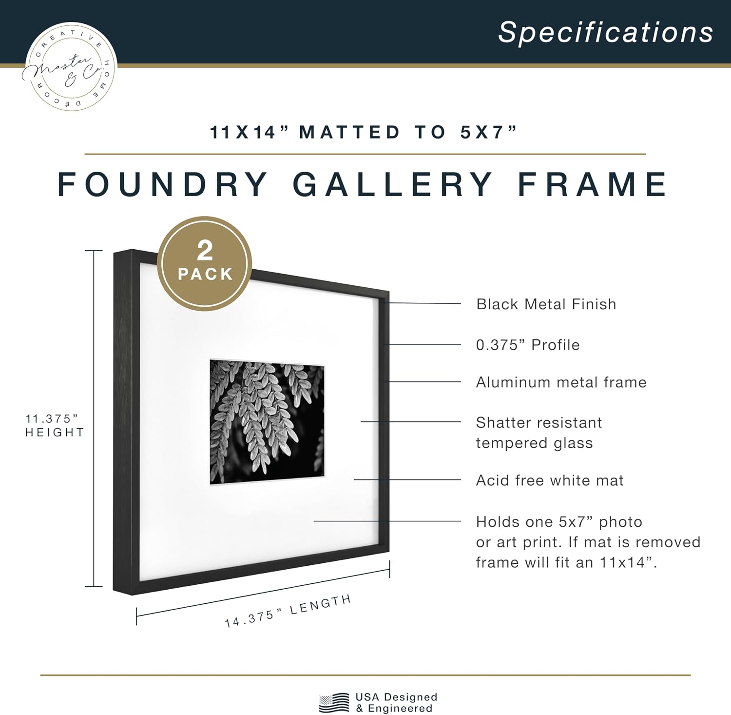 MCS Master & Co. Foundry Metal Picture Frame, 12x12 Matted to 8x8