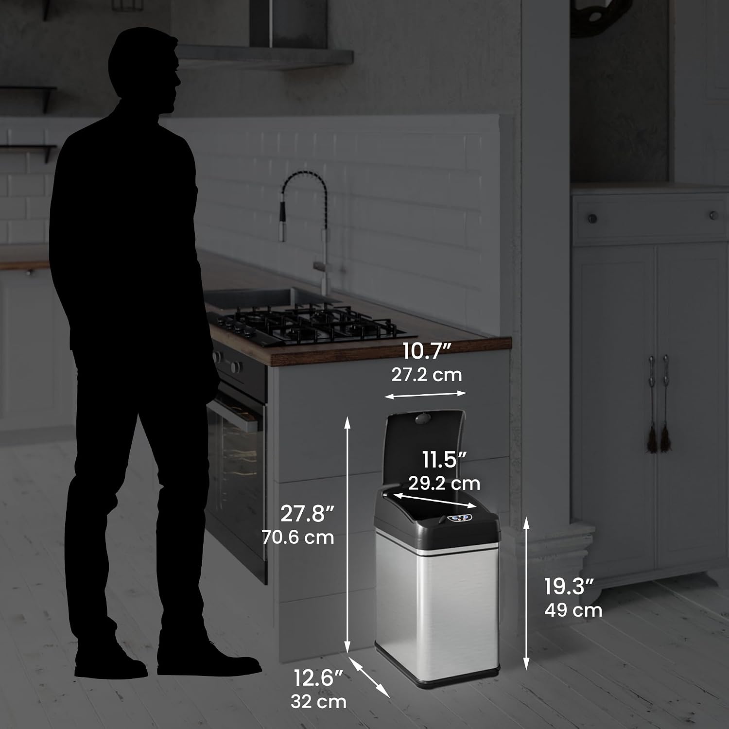 iTouchless Glide 13 Gallon Sensor Garbage Can with Wheels and Odor Control System, Stainless Steel, Automatic Kitchen Bin and Office Trash Bin (Powered by Battery or Optional AC Adapter)