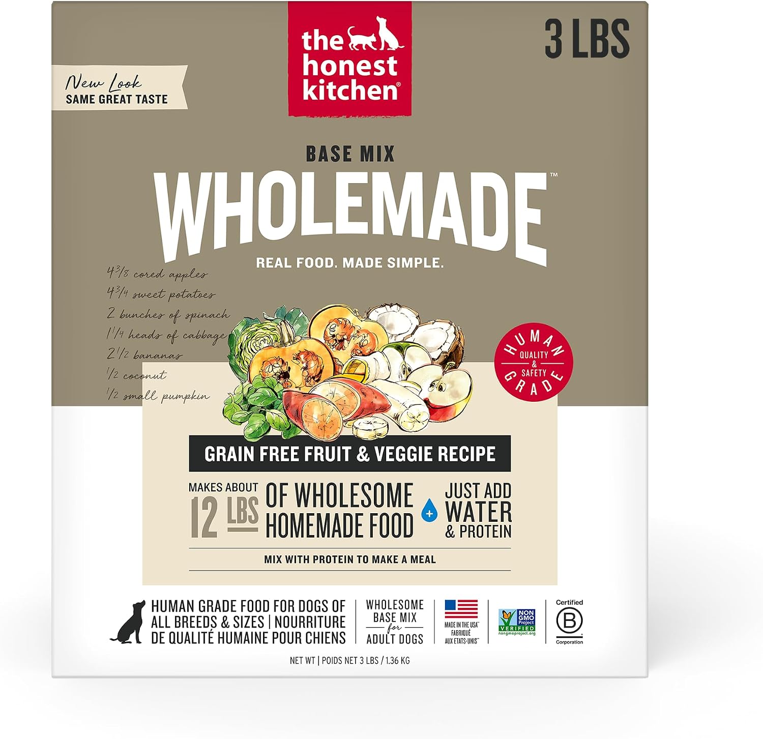 The Honest Kitchen Dehydrated Grain Free Fruit & Veggie Base Mix Dog Food (Just Add Protein), 3 lb Box