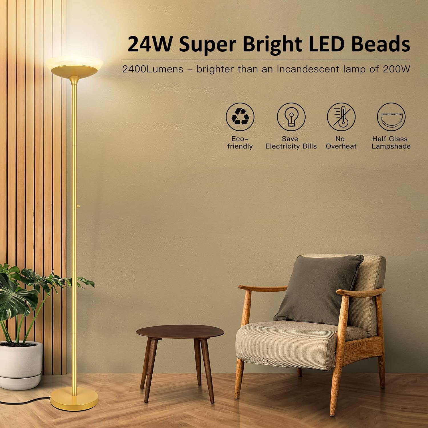 BoostArea Torchiere Floor Lamp, 30W Super Bright LED Standing Lamp, Stepless Dimmable Pole Lamp with 3000K Lighting, Rotary Switch