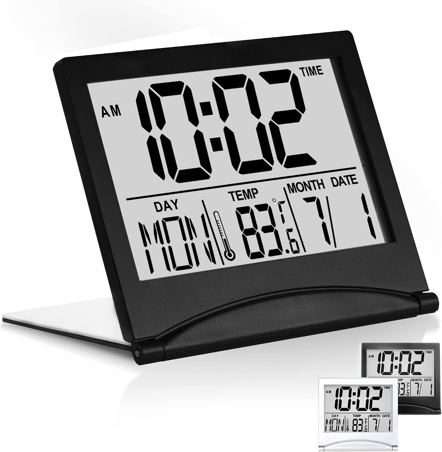 Betus Digital Travel Alarm Clock - Foldable Calendar Temperature Timer LCD Clock with Snooze Mode - Large Number Display, Battery Operated - Compact Desk Clock(Silver, No Backlight)