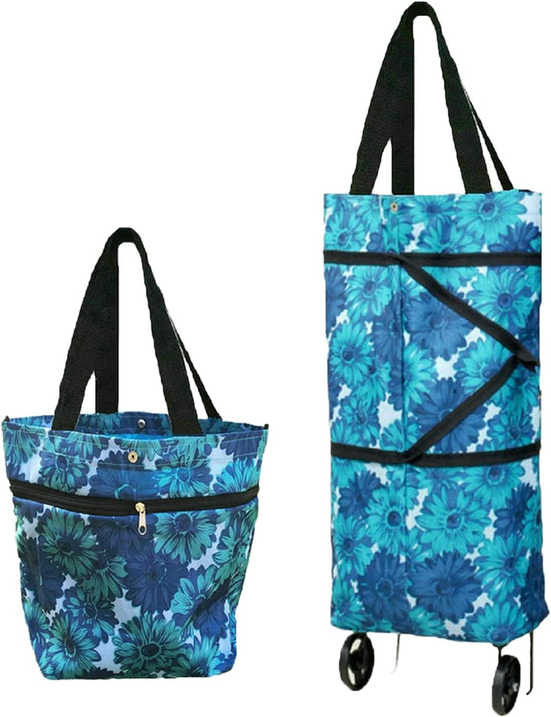 Collapsible Shopping Bag with Wheels Portable Shopping Cart with 360° Swivel Wheels Rolling Tote Bag Reusable Grocery Bag Trolley Bag on Wheels for Travel Shopping and Daily Use(Blue)