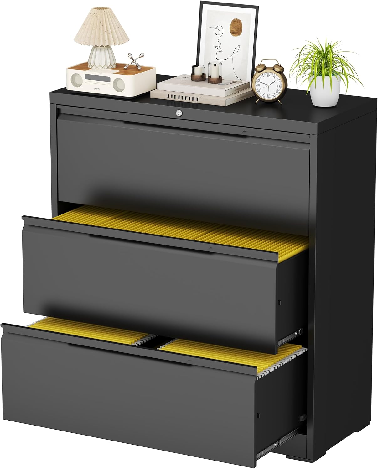 3 Drawer File Cabinet with Lock,Filing Cabinets for Home Office,Metal Small File Cabinet for Letters/Legal/A4 Size, Assembly Required,Black 3 Drawer-15 W