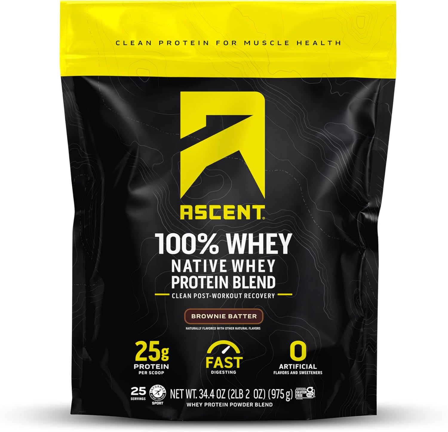 Ascent 100% Whey Protein Powder - Post Workout Whey Protein Isolate, Zero Artificial Flavors & Sweeteners, Gluten Free, 5.5g BCAA, 2.6g Leucine, Unflavored 2 lb