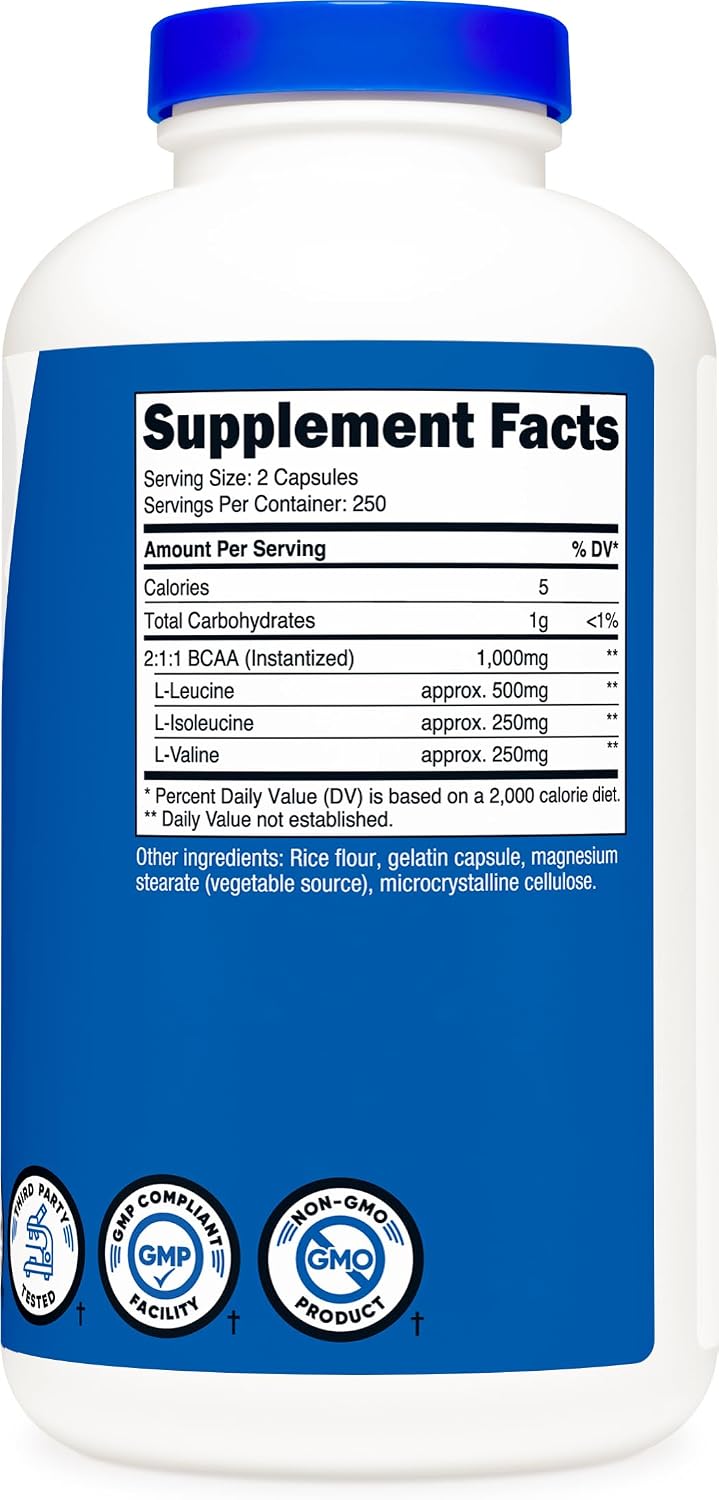 Nutricost BCAA 1000mg, 500 Capsules, 2:1:1 Branched Chain Amino Acids | 250 Servings, 500mg L-Leucine, 250mg L-Isoleucine, 250mg L-Valine