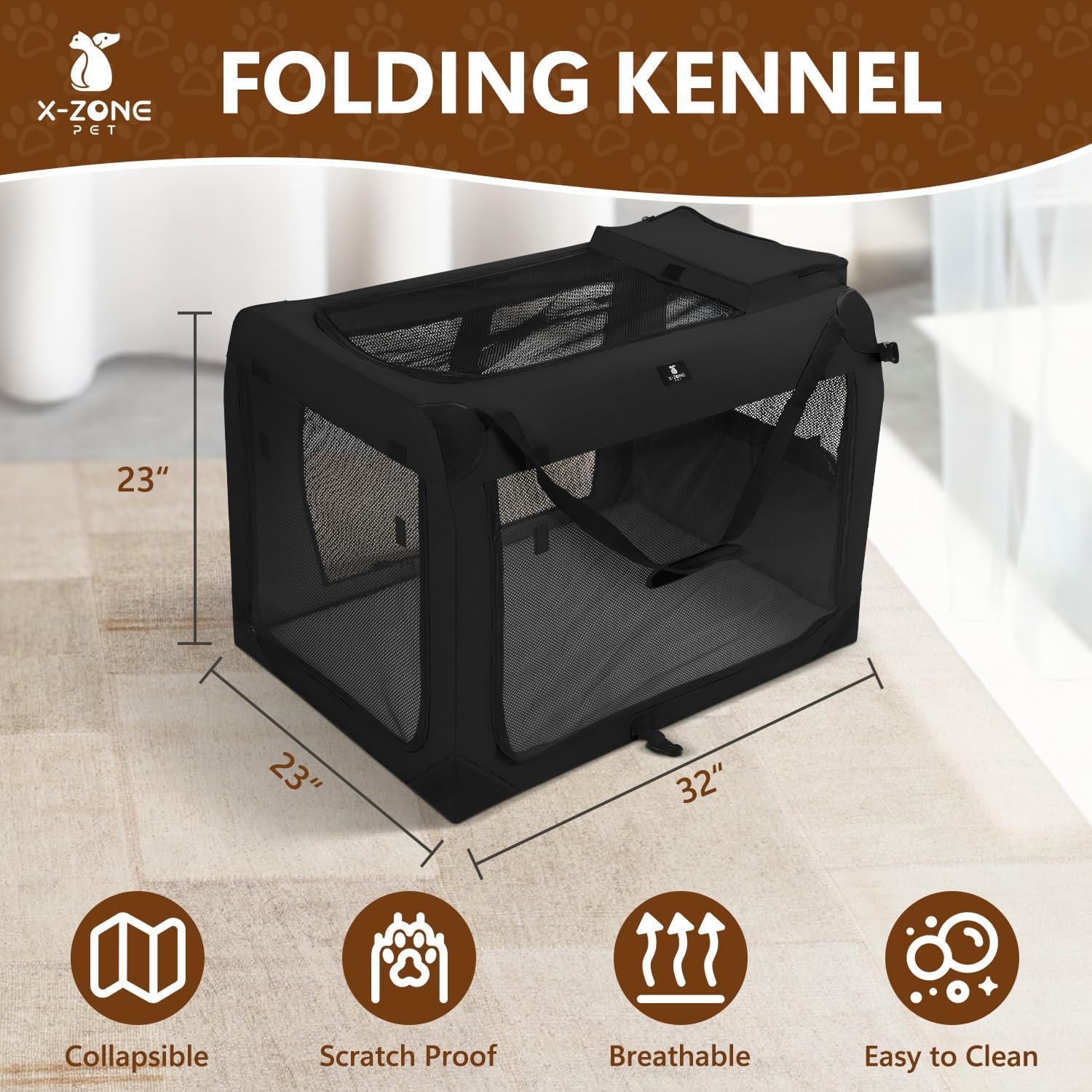 X-ZONE PET Dog Crate 3-Door Kennel, Collapsible Portable Soft Sided Pet Carriers for Indoor & Outdoor, Multiple (32-Inch, Carbon Black)