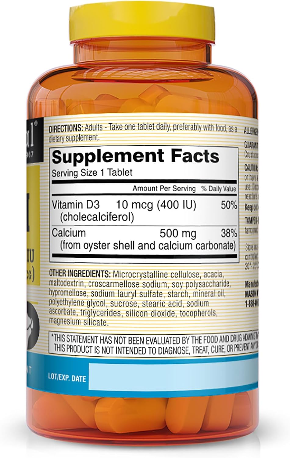 MASON NATURAL Calcium 500 mg (Oyster Shell) with Vitamin D3 to Support Normal Bone and Muscle Function, 250 Tablets