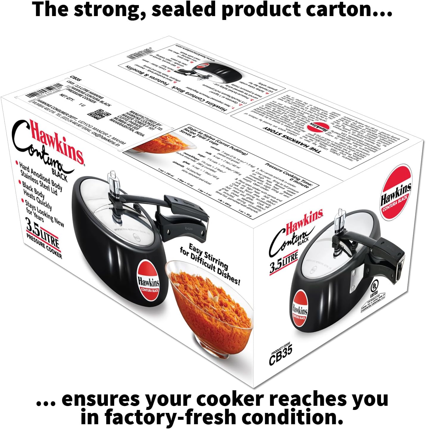 Hawkins 3.5 Litre Contura Black Pressure Cooker, Hard Anodised Inner Lid Cooker, Handi Cooker, Black (CB35)