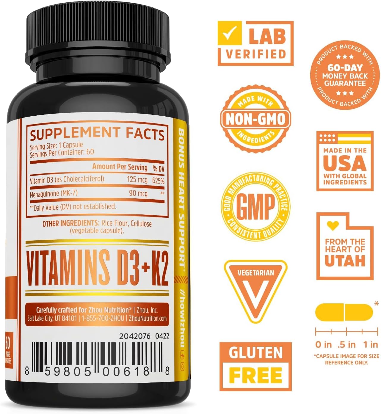 Zhou D3+K2 Supplement - 60 Veggie Gummies (Pack of 1)