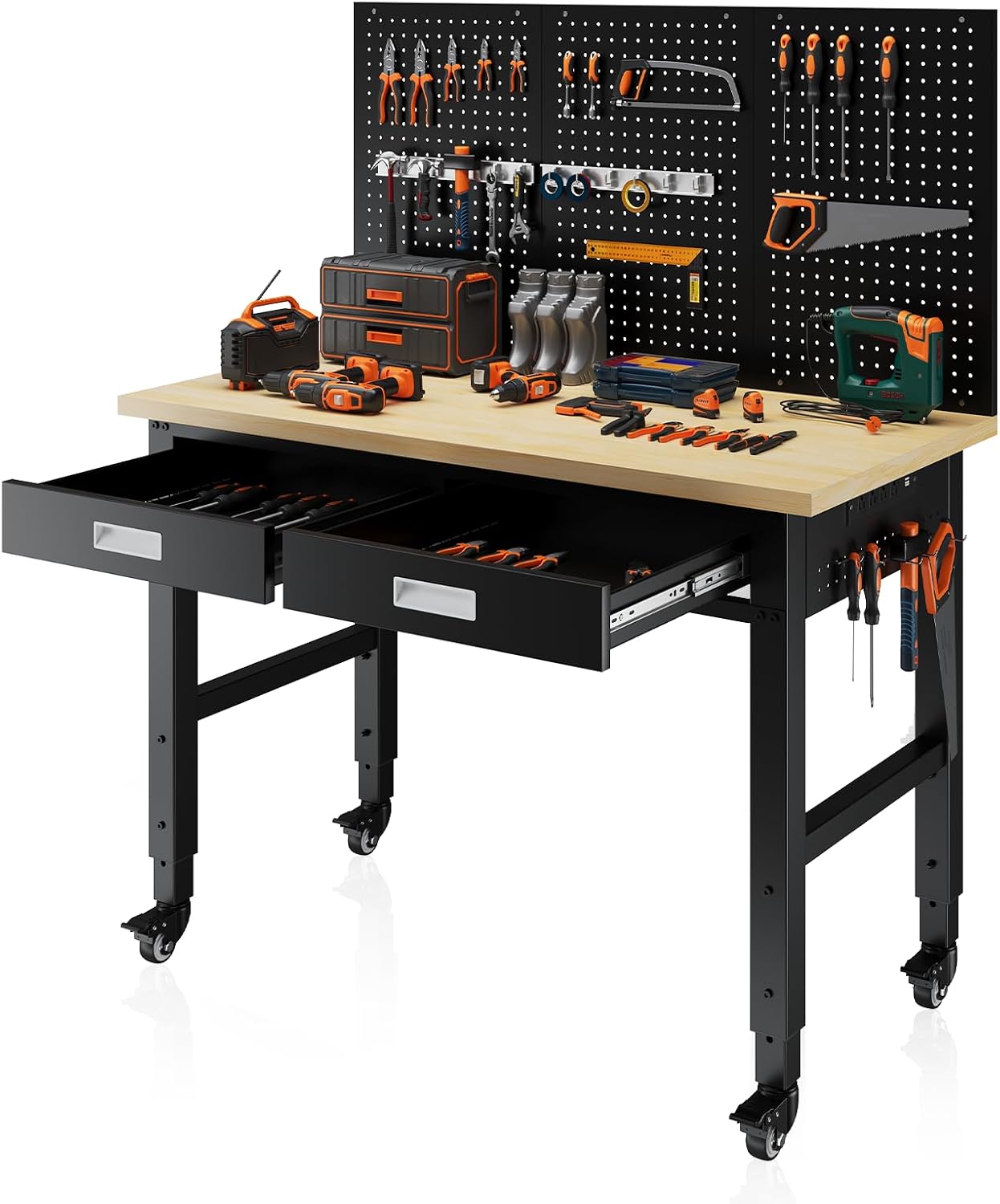 RexTact 48" Heavy Duty Workbench with Power Outlets, Pegboard & Storage Drawers, 2000 LBS Capacity Rolling Work Table with Wheels