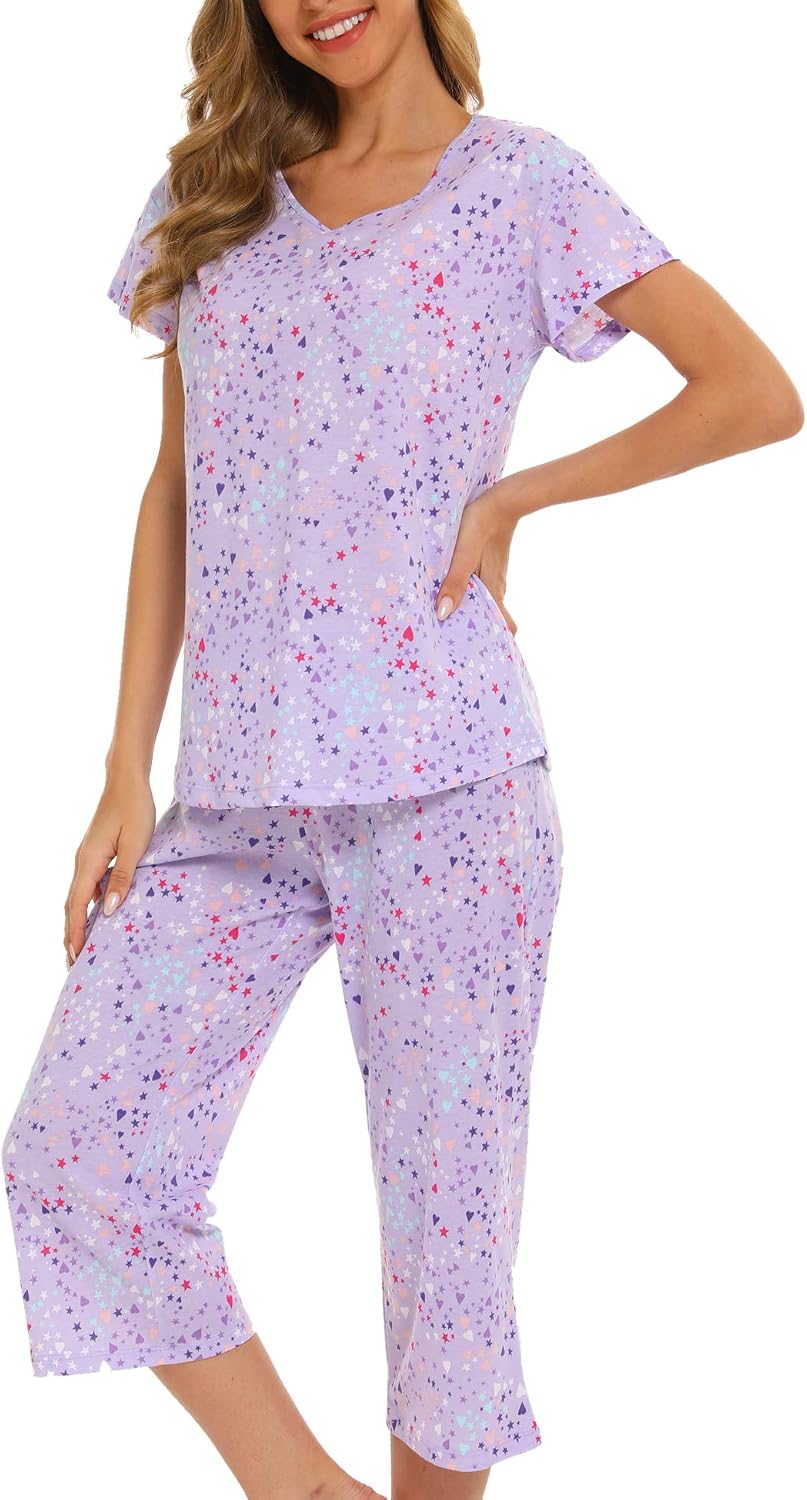 ENJOYNIGHT Womens Pajama Set Cotton Summer Pj Top with Capri Pant Sleepwear