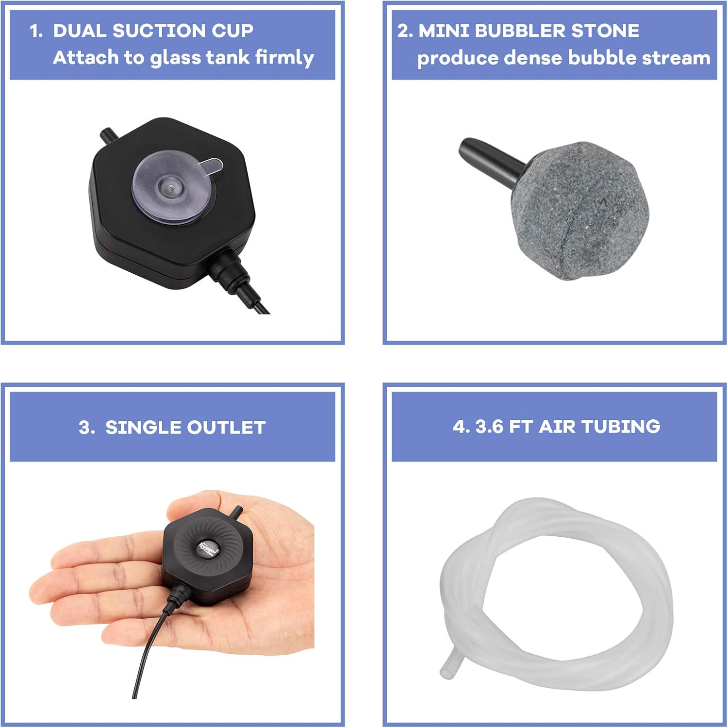 hygger Quiet Mini Small Aquarium Air Pump Betta Fish Tank Bubbler Oxygen Aeration Pump with Air Stone Tubing Suction Cup for 0.5-15 Gal Fish Bowl