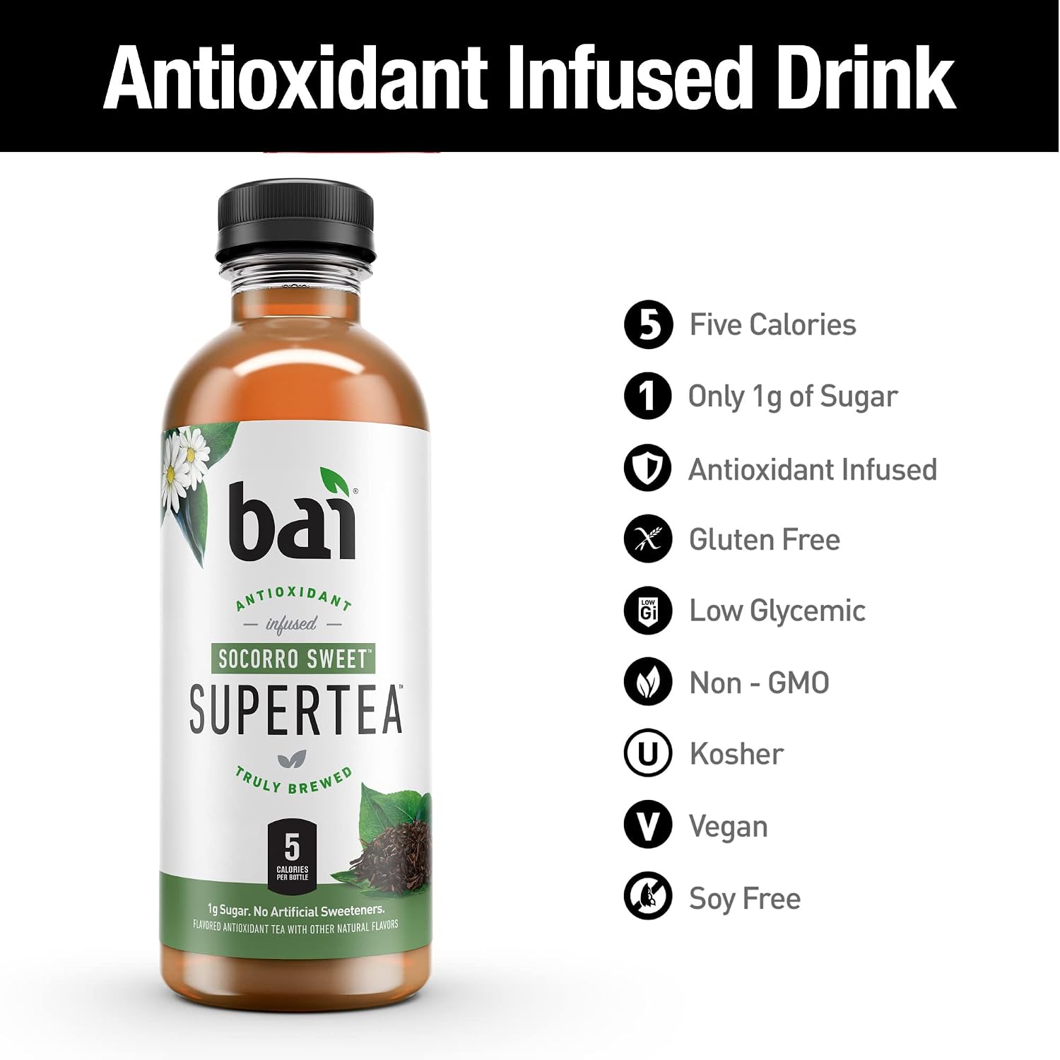 Bai Iced Tea, Narino Peach, Antioxidant Infused Supertea, Crafted with Real Tea (Black Tea, White Tea), 18 Fluid Ounce Bottles, 12 count