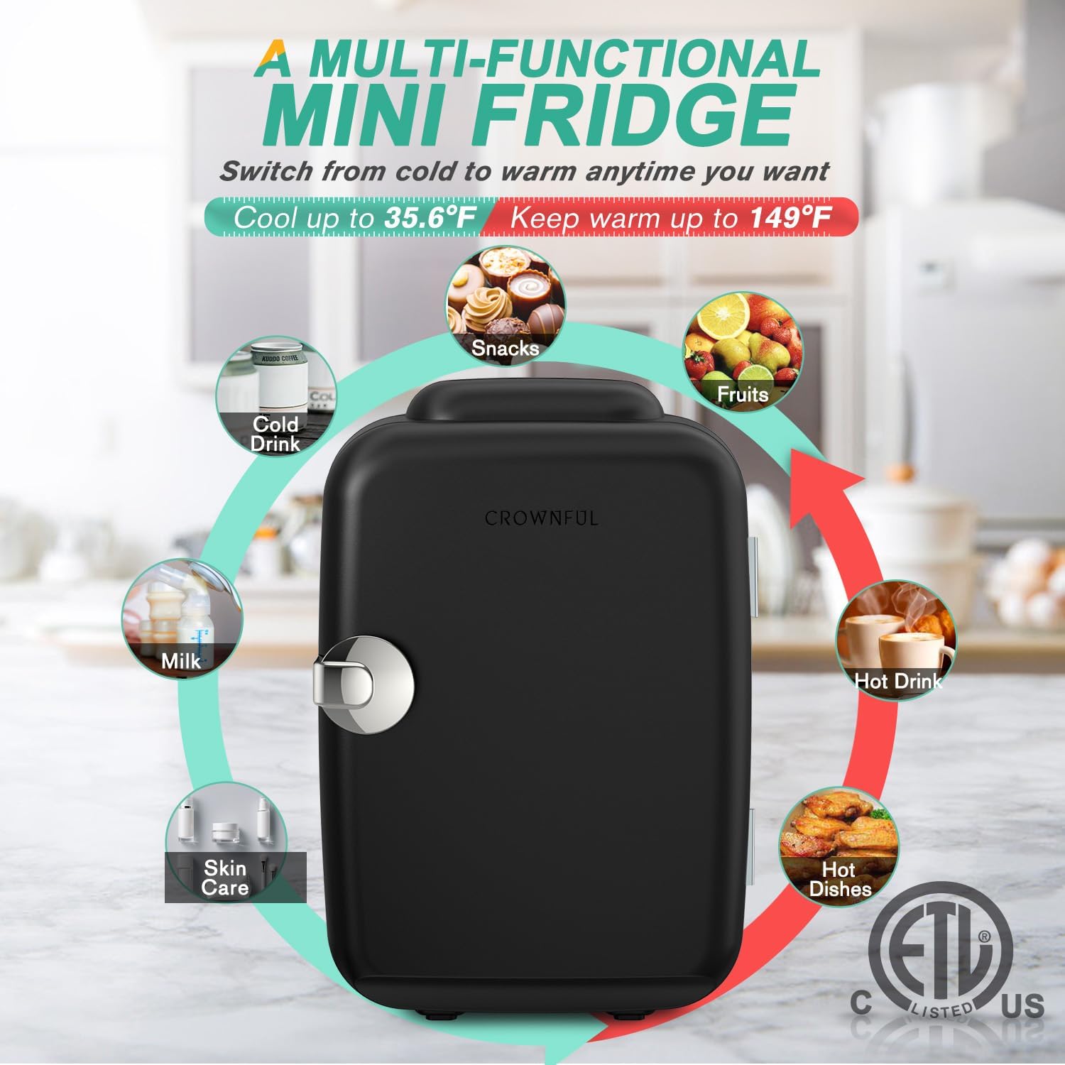 CROWNFUL Mini Fridge, 4 Liter/6 Can Portable Cooler and Warmer Personal Refrigerator for Skin Care, Cosmetics, Beverage, Food, Great for Bedroom