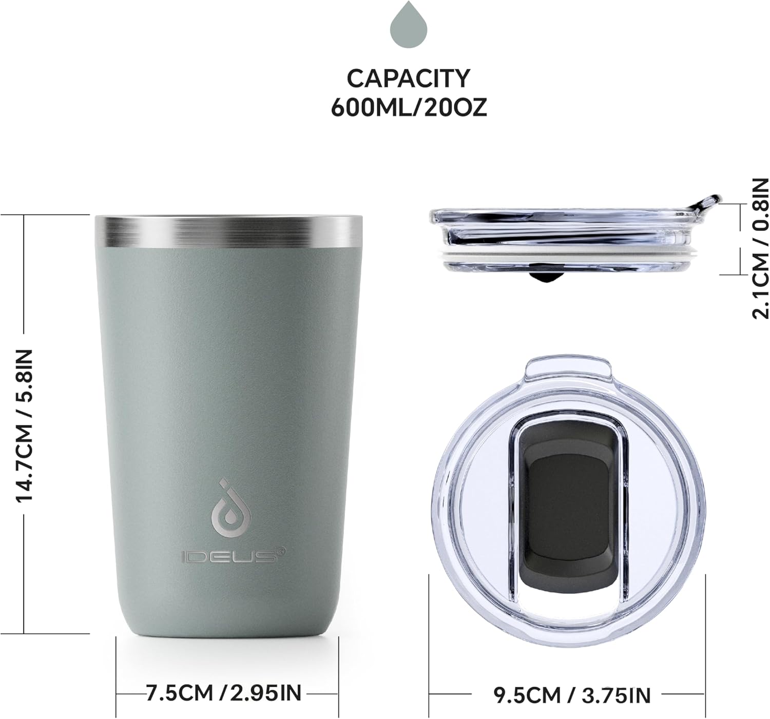 Ideus 20 oz Tumbler, Travel Coffee Mug with Splash Proof Sliding Lid, Double Wall Stainless Steel Vacuum Insulated Coffee Mug for Home and Office