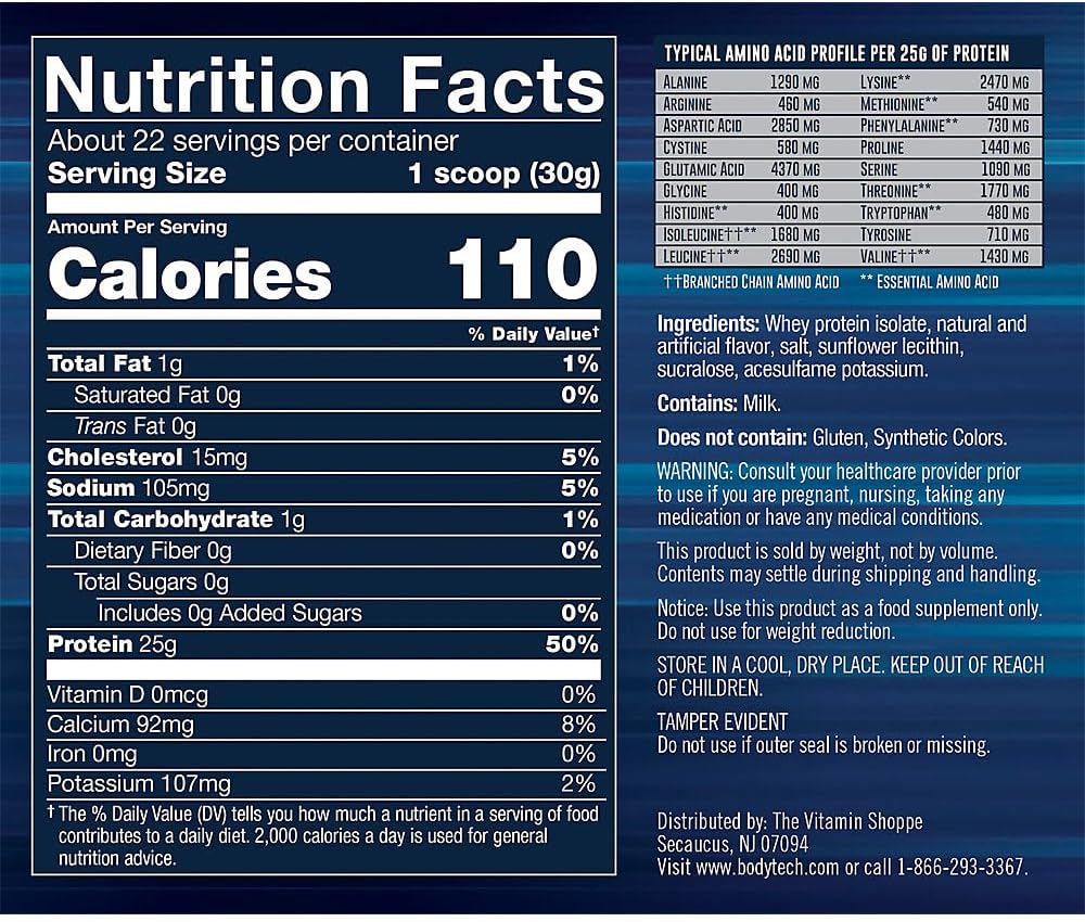 BodyTech Whey Protein Isolate Powder, French Vanilla, 1.5 LB, 23 Servings | 25G Protein per Serving, High Concentrated Protein Powder With Amino Acids & BCAAs for Men and Women, Gluten Free
