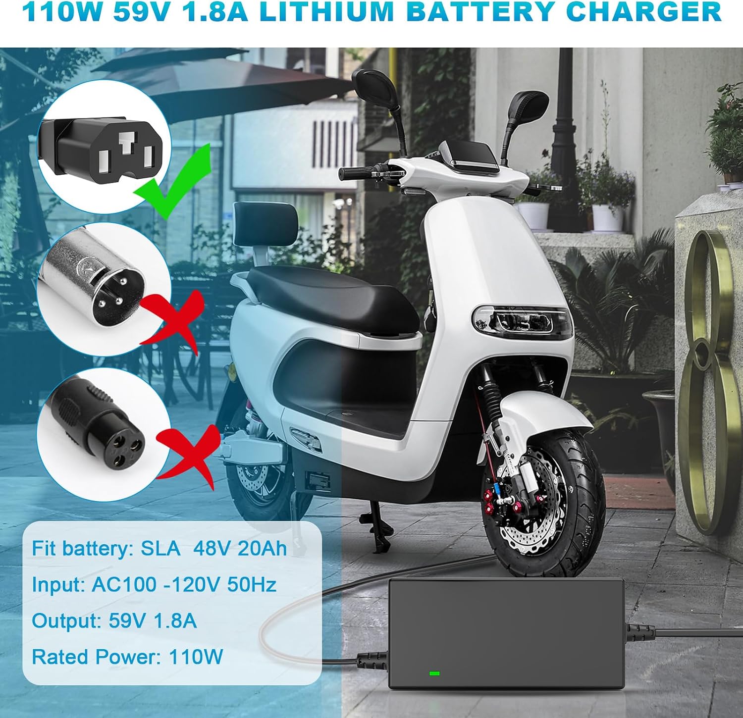 59V 1.8A for 48V 12AH Lead Acid Battery Charger for Electric Bicycle Motor Bike - 3 Holes Plug AC Adapter