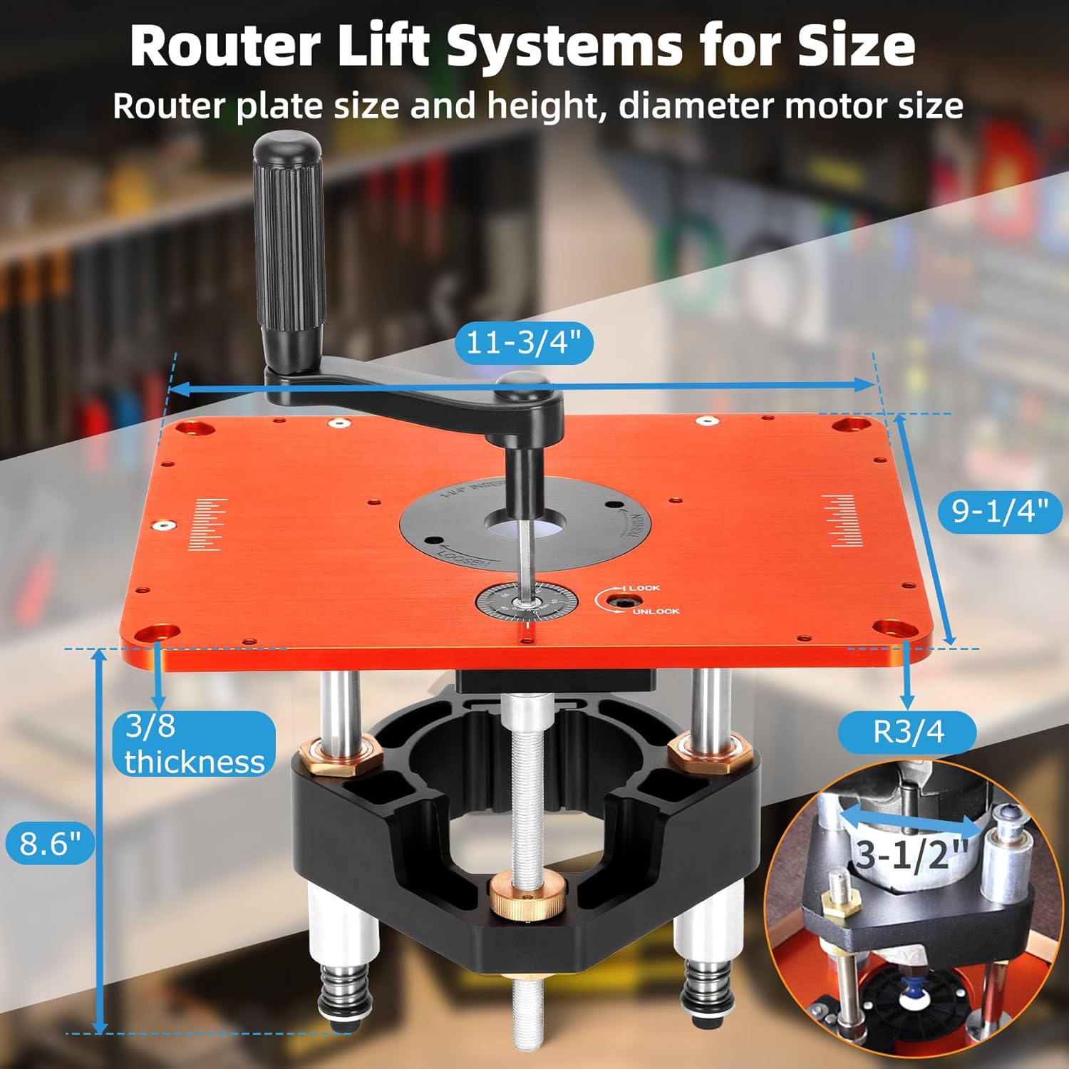 Precision 3-1/2" Router Table Lift Systems for 3-1/2" Diameter Motor | 9-1/4'' x 11-3/4'' Router Table Insert Plate with 5 PCS Insert Ring for Bosch
