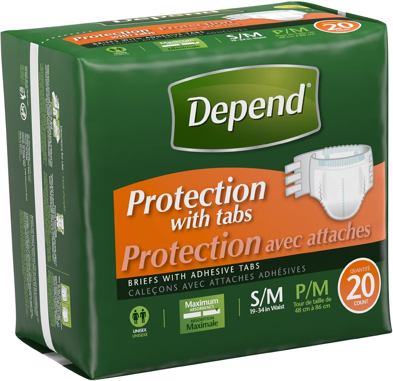 Depend Adult Diapers with Tabs, Incontinence Protection with Tabs, Unisex, Small/Medium (19–34" Waist, Up To 170 lbs), Maximum Absorbency, 60 Count (3 Packs of 20)